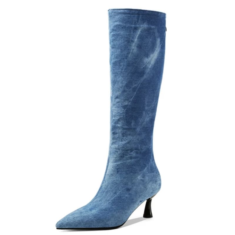 Jeans blu Stivali alti al ginocchio Scarpe da donna Primavera Inverno Punto Tacchi in denim Stivale lungo Scarpe da ballo per feste Donna Taglia grande 44 46
