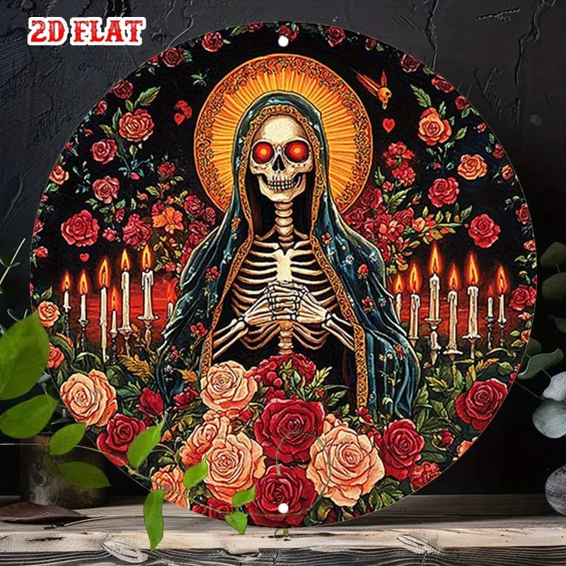 2D flat, 1 retro skull art circular wooden sign, - rose bouquet and candle light design, skull halo