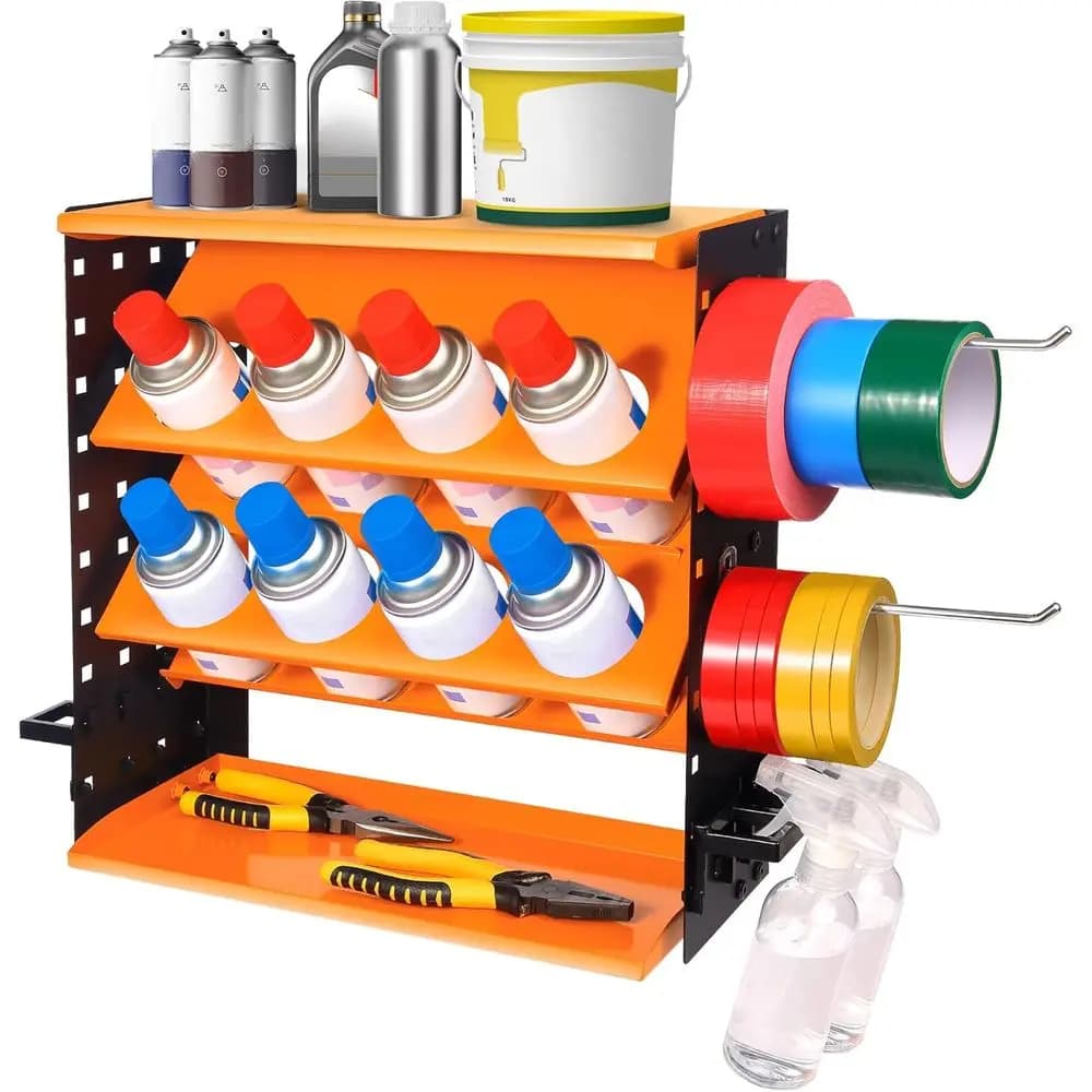 Supporto per Bombolette Spray in Metallo Resistente - Organizzatore da Parete o da Banco con Pannello Forato, 8 Fori per Bombolette e 6 Ganci in Acciaio, 5 Ganci in Plastica