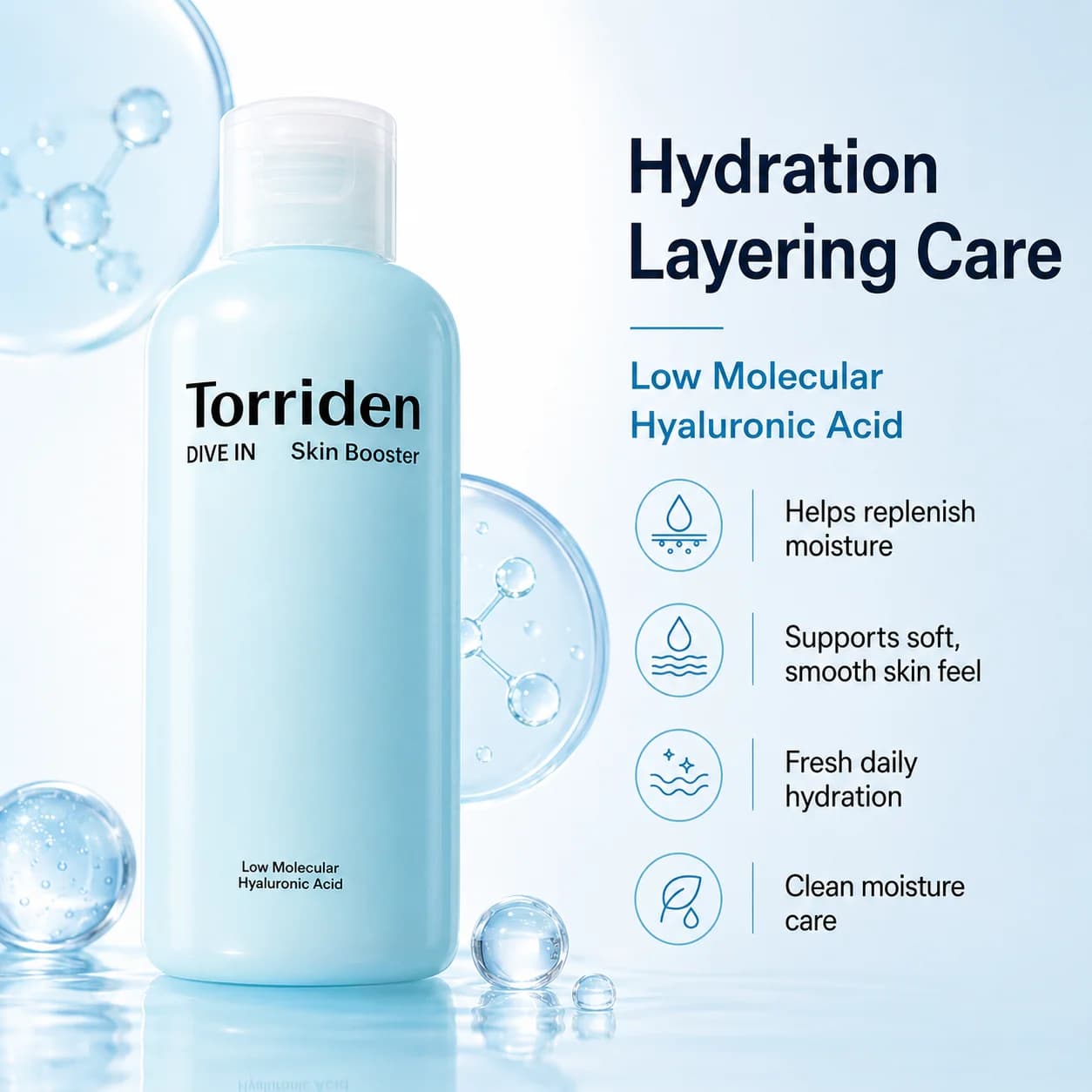 Torriden DIVE‑IN Skin Booster Low‑Molecular Hyaluronic Acid Hydration Layering Care Toner, Deep Moisture Replenish, Smooth Soft
