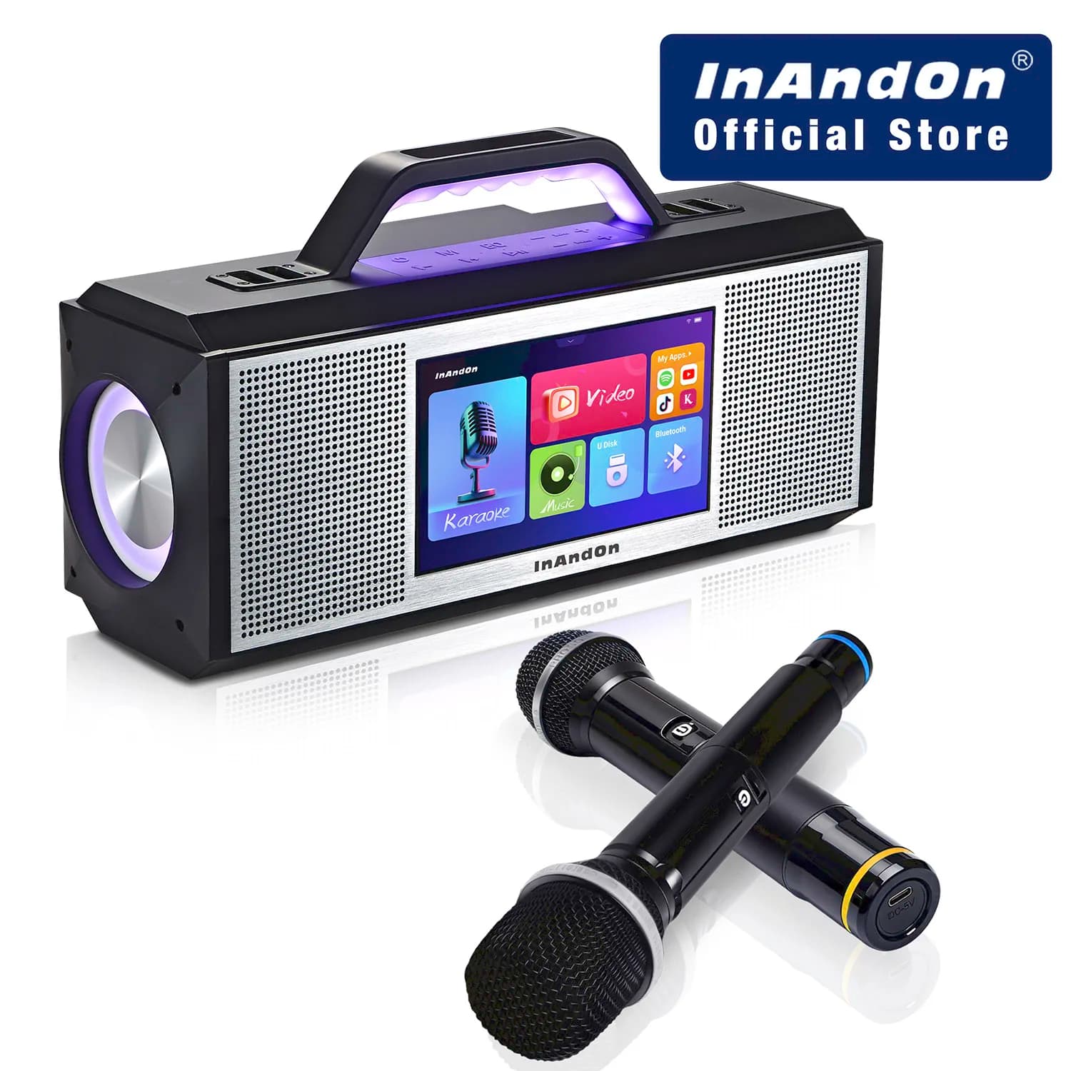 InAndOn X5 Macchina per karaoke Touch screen da 8 pollici Altoparlante da 480 W 2 microfoni wireless Biblioteca cloud YouTube Sistema KTV domestico WiFi Bluetooth