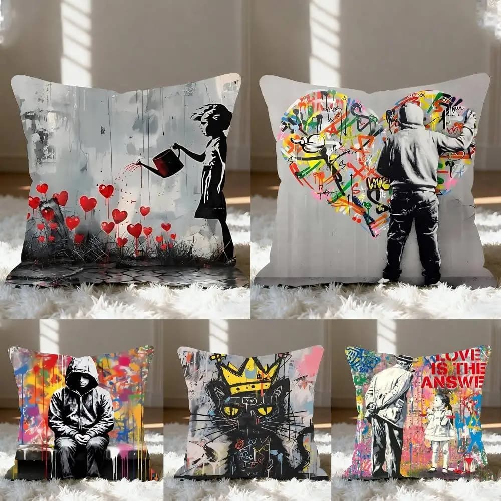 Federa per cuscino con graffiti di Banksy, federa morbida e carina per auto, divano, in poliestere con cerniera