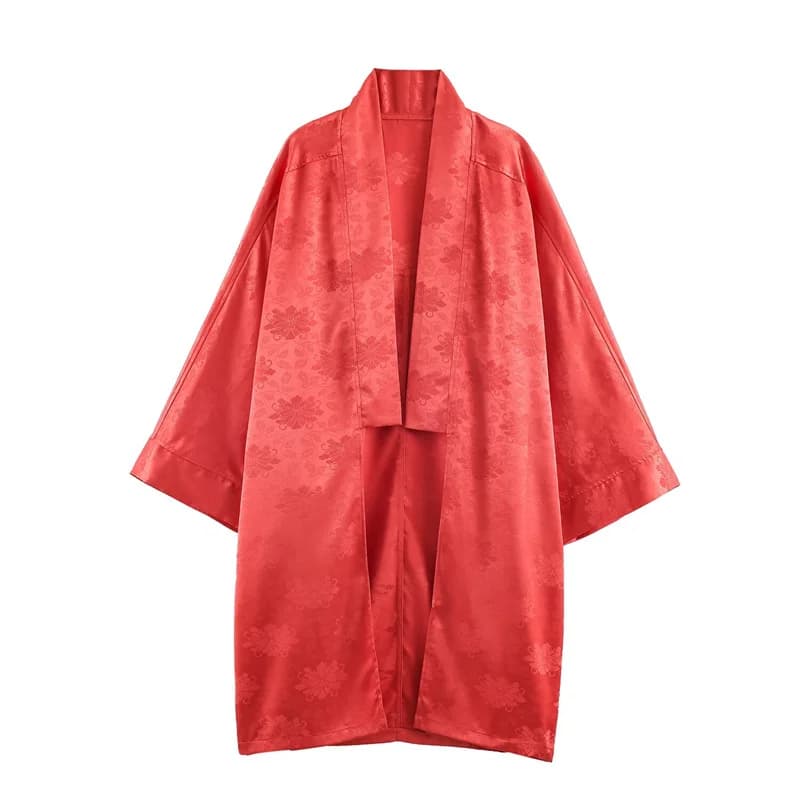 2026 Spring Women's Red Floral Jacquard Satin Kimono, Three-Quarter Sleeve Open-Front Long Casual Outerwear
