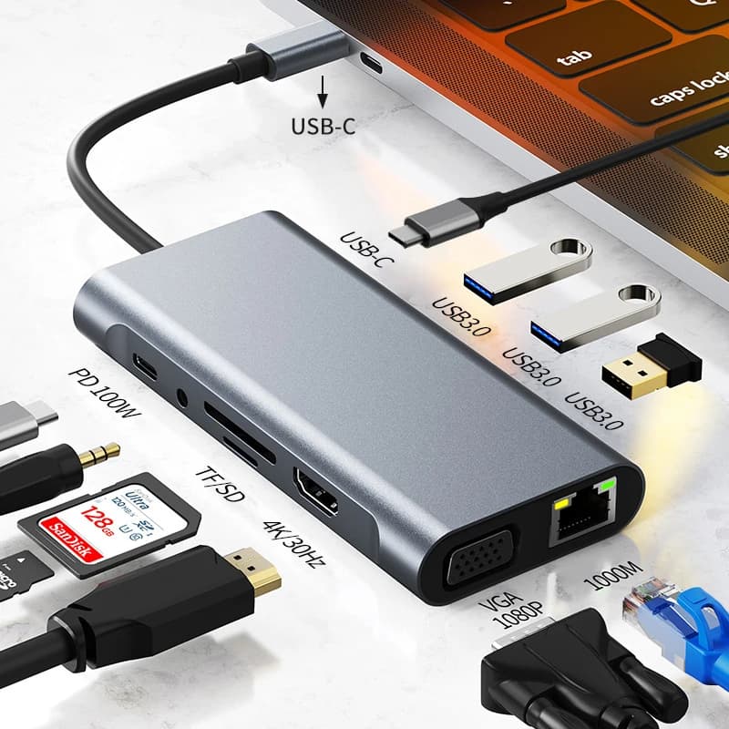 Docking Station USB 3.0 per Laptop 11 in 1, Hub con Doppia Porta USB C, Switch e Docking Station