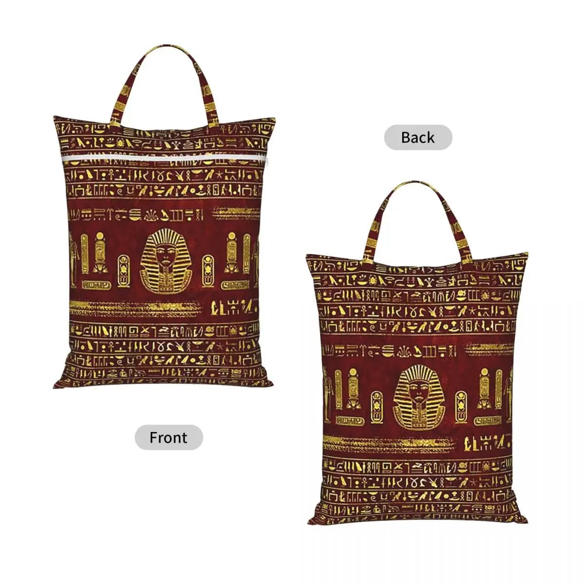 Golden Egyptian Sphinx On Red Leather Travel Laundry Bag Waterproof Reusable Dirty Clothes Pouch Gym Vacation Washing Basket