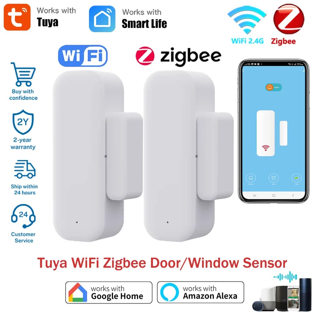 Tuya WiFi or ZigBee Door Window Sensor Smart Home Detectors Smart Life APP Remote Monitoring Work with Google Assistant Alexa