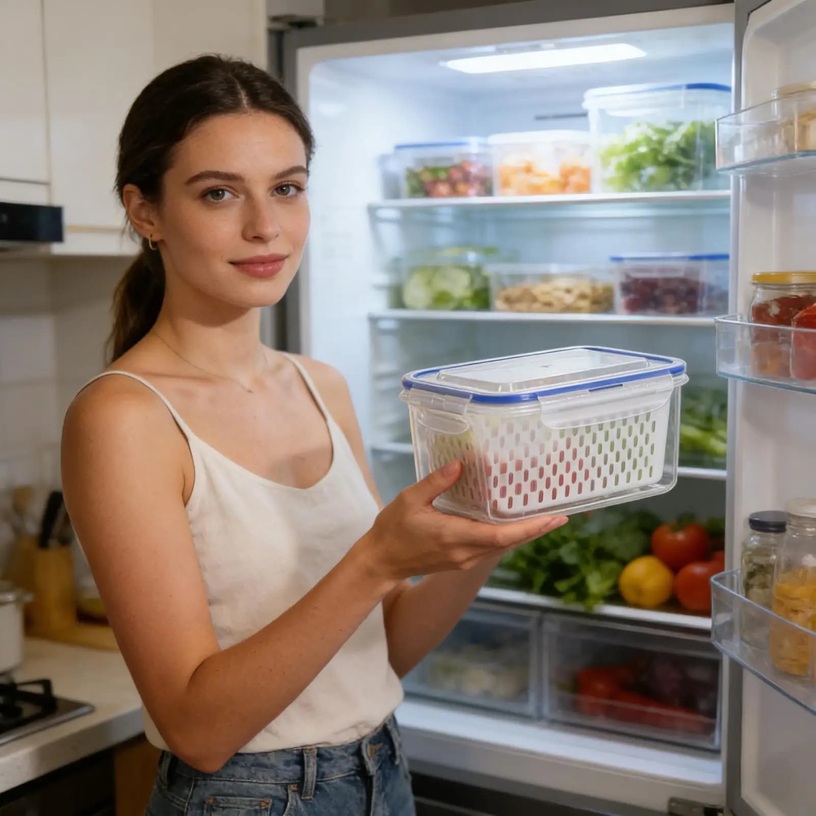 Set di Contenitori per Frutta 4-in-1 a Prova di Perdite, Organizzatore Trasparente con Scolapasta Rimovibile, Ciotola Versatile per Lavaggio e Conservazione