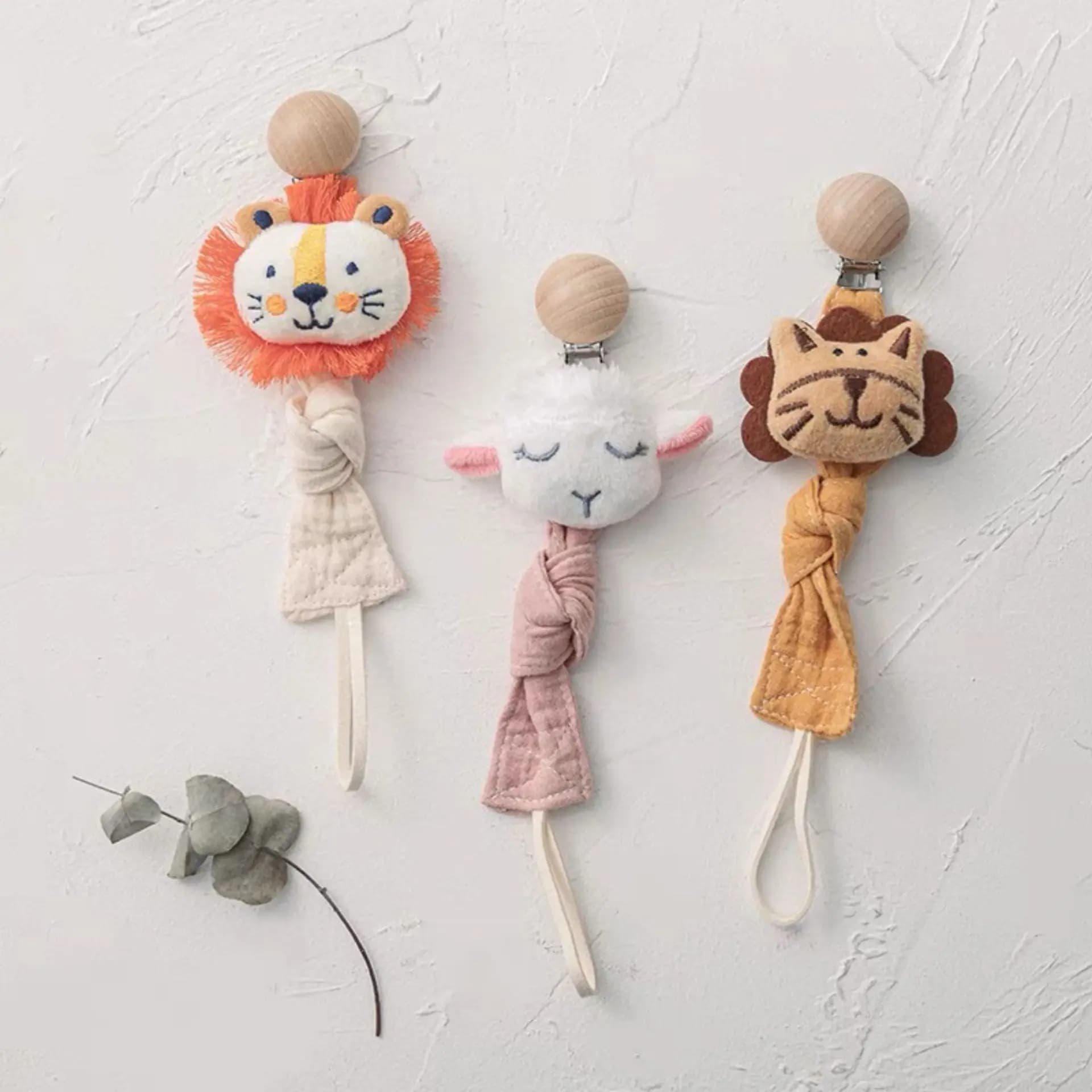 Simpatici animali del fumetto Ciuccio Catena Clip di stoffa di cotone Bambole Animale Legno Roditore Porta capezzoli Giocattoli appena nati Accessori per massaggiagengive
