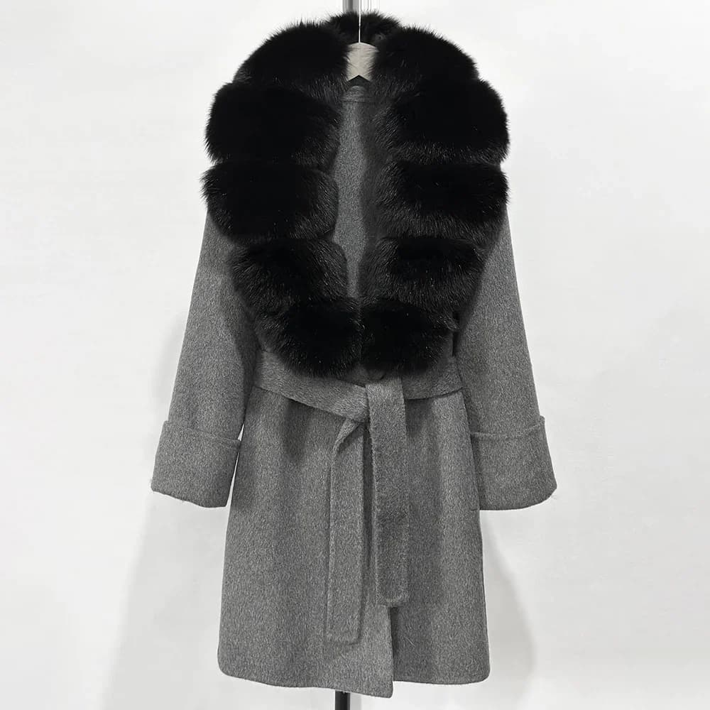 2025 New true fox fur neck mixed wool jacket autumn winter woman wool coat belt monopetto coat natural raccoon fur coat