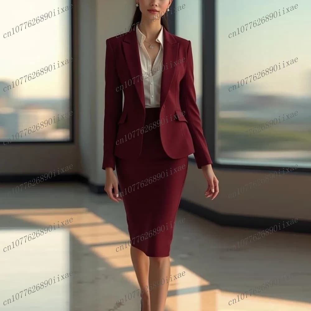 Gonna blazer bordeaux Abiti da donna Lady Occasioni formali Smoking da lavoro Madre Festa di nozze Donna Set da 2 pezzi Gonna giacca 01