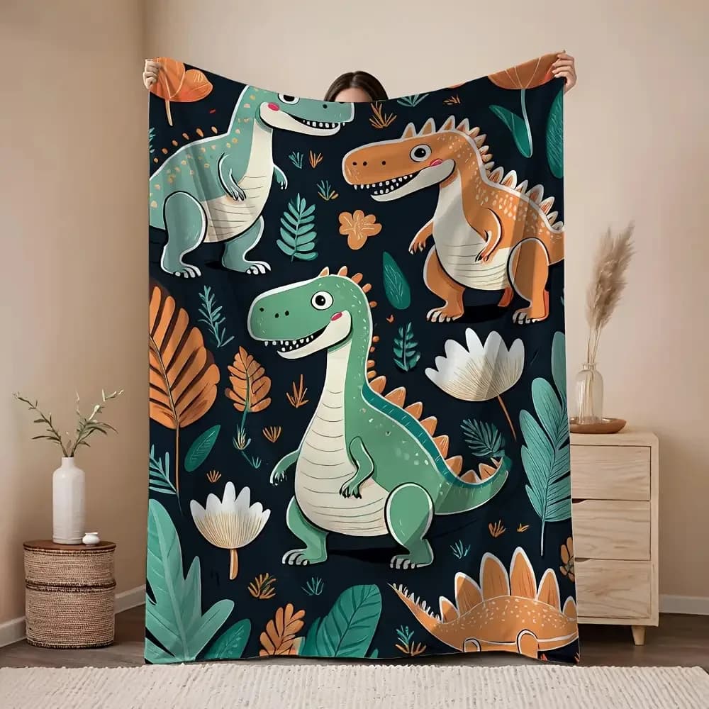 Motivi di dinosauri e foglie tropicali Coperta stampata in flanella adatta a tutte le stagioni adatta per i viaggi del divano dell'ufficio del soggiorno