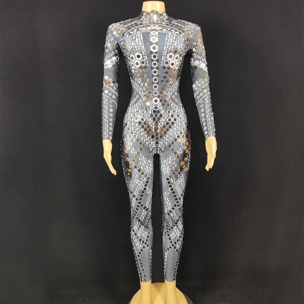 Nightclub Sexy Stage Blue Sequins Rhinestone Jumpsuit Birthday Celebrate Show Wear Evening Bar Prom Women Dancer Leggings Outfit