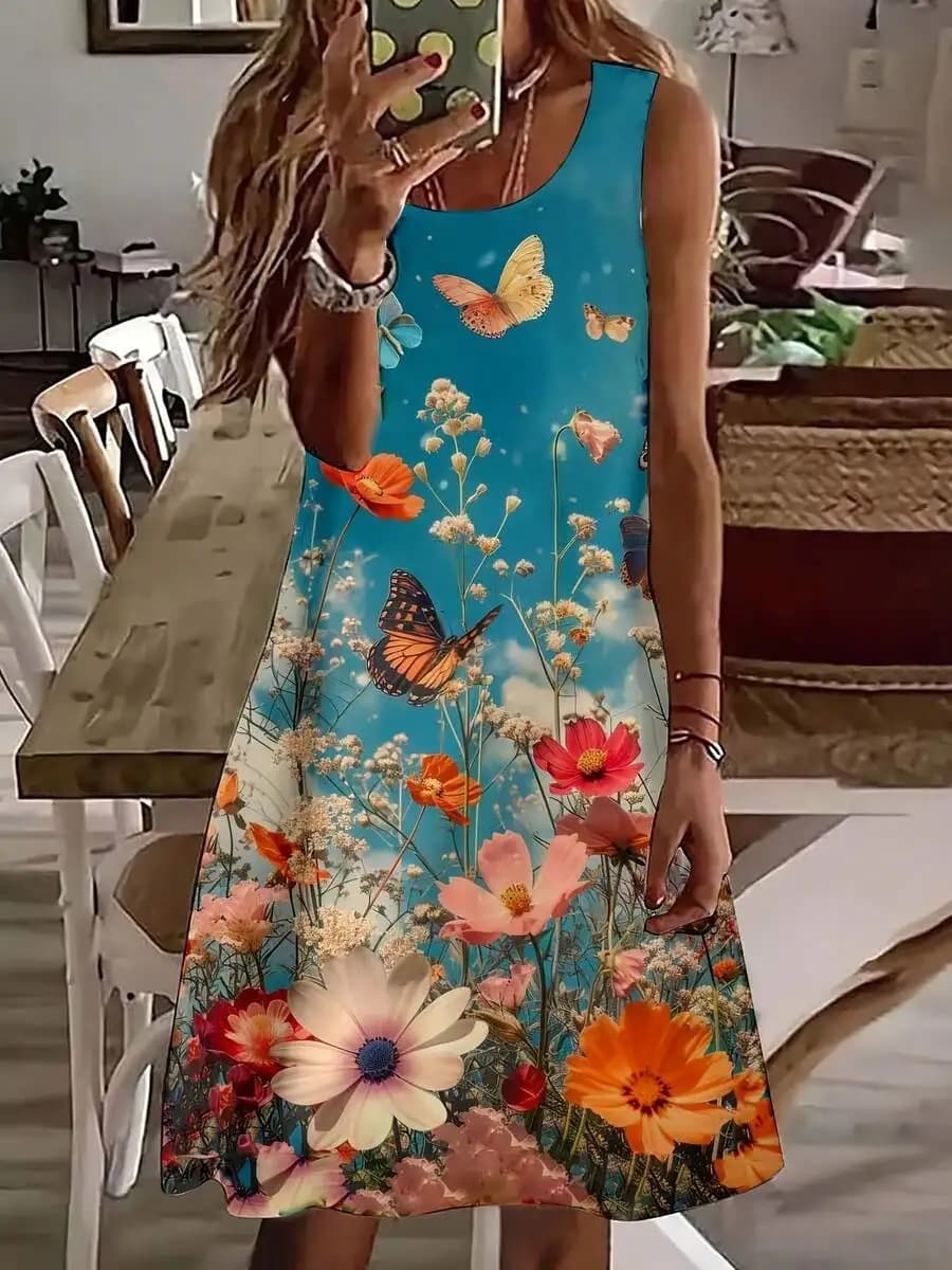 Abito estivo da donna senza maniche con stampa floreale a farfalla