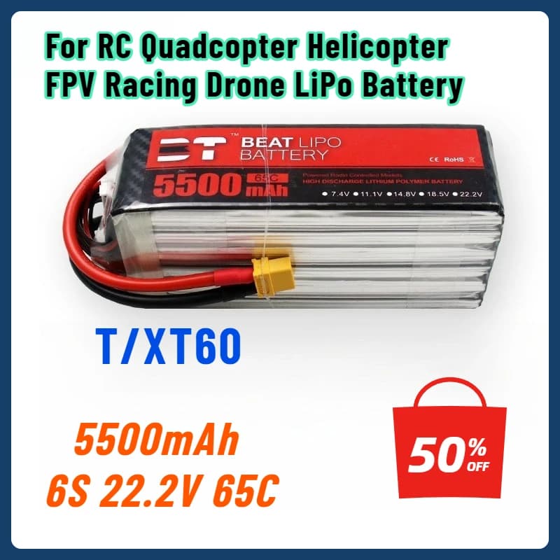 Batteria LiPo 5500mAh 6S 22.2V 65C T/XT60 per RC Quadcopter Elicottero FPV Racing Drone Pezzi di ricambio 6s Batteria ricaricabile