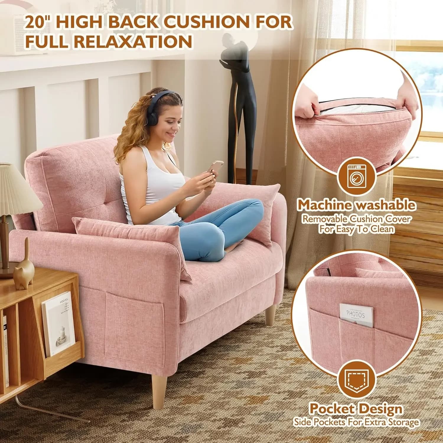 Divano Compatto da 47 Pollici per Camera da Letto, Mini Divano in Morbido Ciniglia con Cuscino Decorativo e Rivestimento Rimovibile per Piccoli Spazi