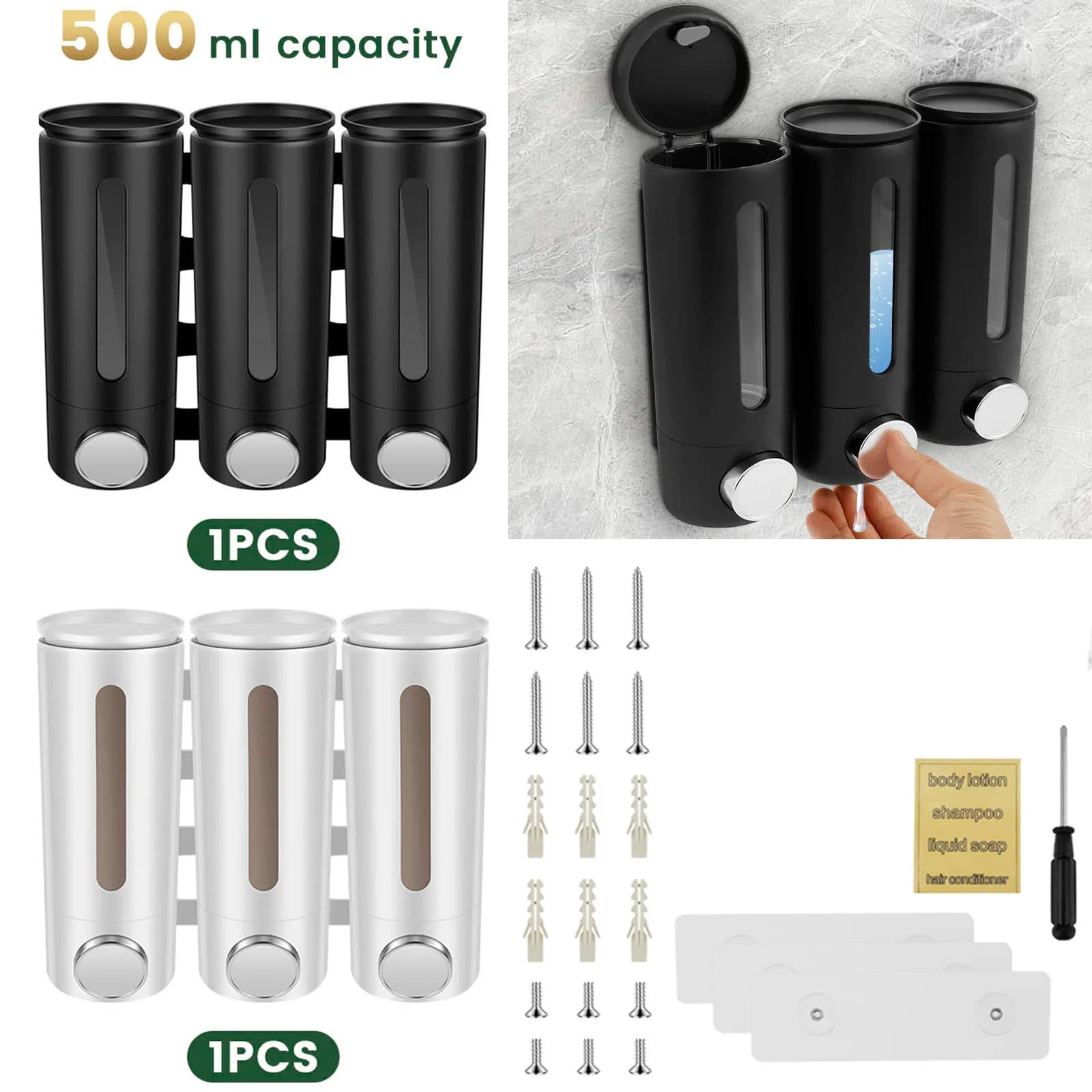 Dispenser di sapone liquido per bagno da parete da 500 ml Dispenser di sapone balsamo a tre teste con finestra trasparente per uso domestico in hotel SPA