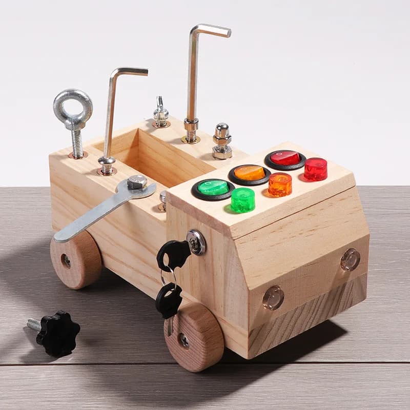 Gioco Educativo in Legno Montessori per Bambini 2-4 Anni, Puzzle Sensoriale con Scatola di Controllo Interruttori e Gioco delle Viti