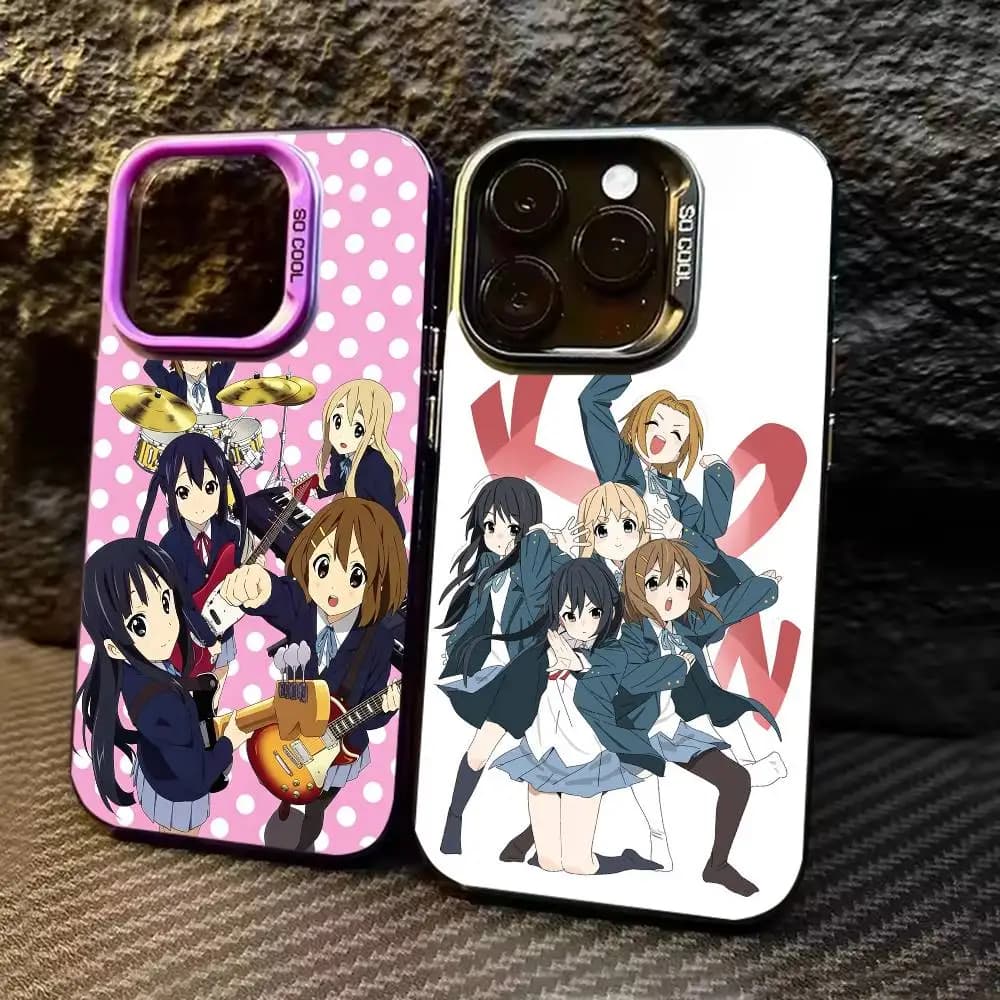 Custodia Classica e Carina Anime K-K-ON per iPhone 17, 16, 15, 14, 13, 12, 11, Pro Max, Plus, Cover Argento Candy