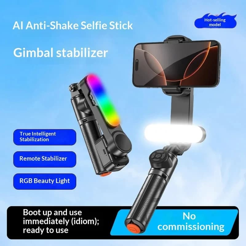 Q34 AI Asta Selfie Anti-Vibrazione con Stabilizzatore Gimbal, Luce RGB per Bellezza, Supporto Telefono Estensibile 71cm per Live Streaming