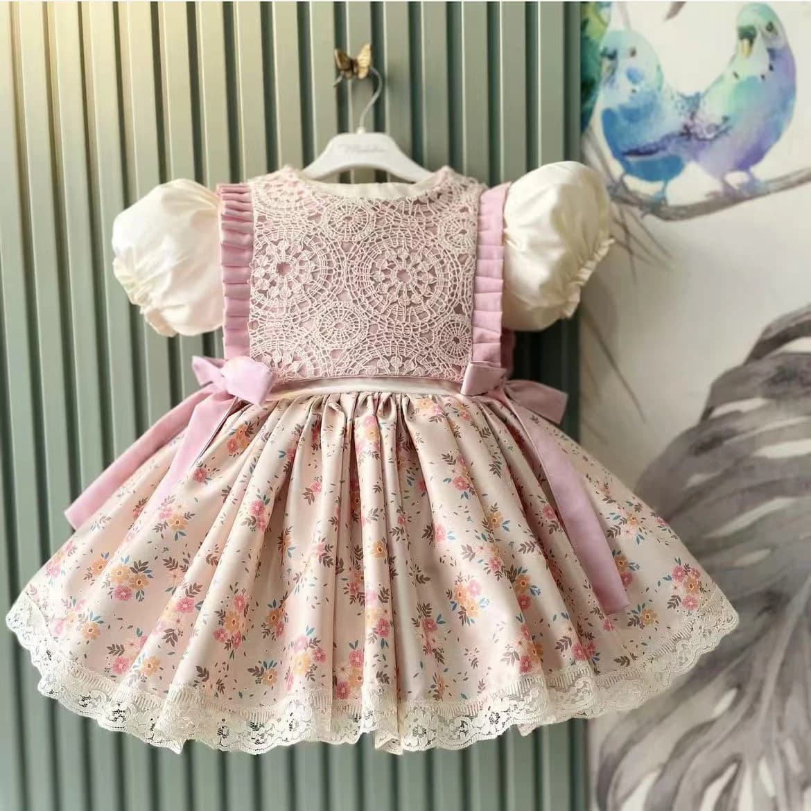 0-12 anni neonata estate rosa floreale vintage principessa abito da ballo per festa Eid compleanno fotografia casual B120