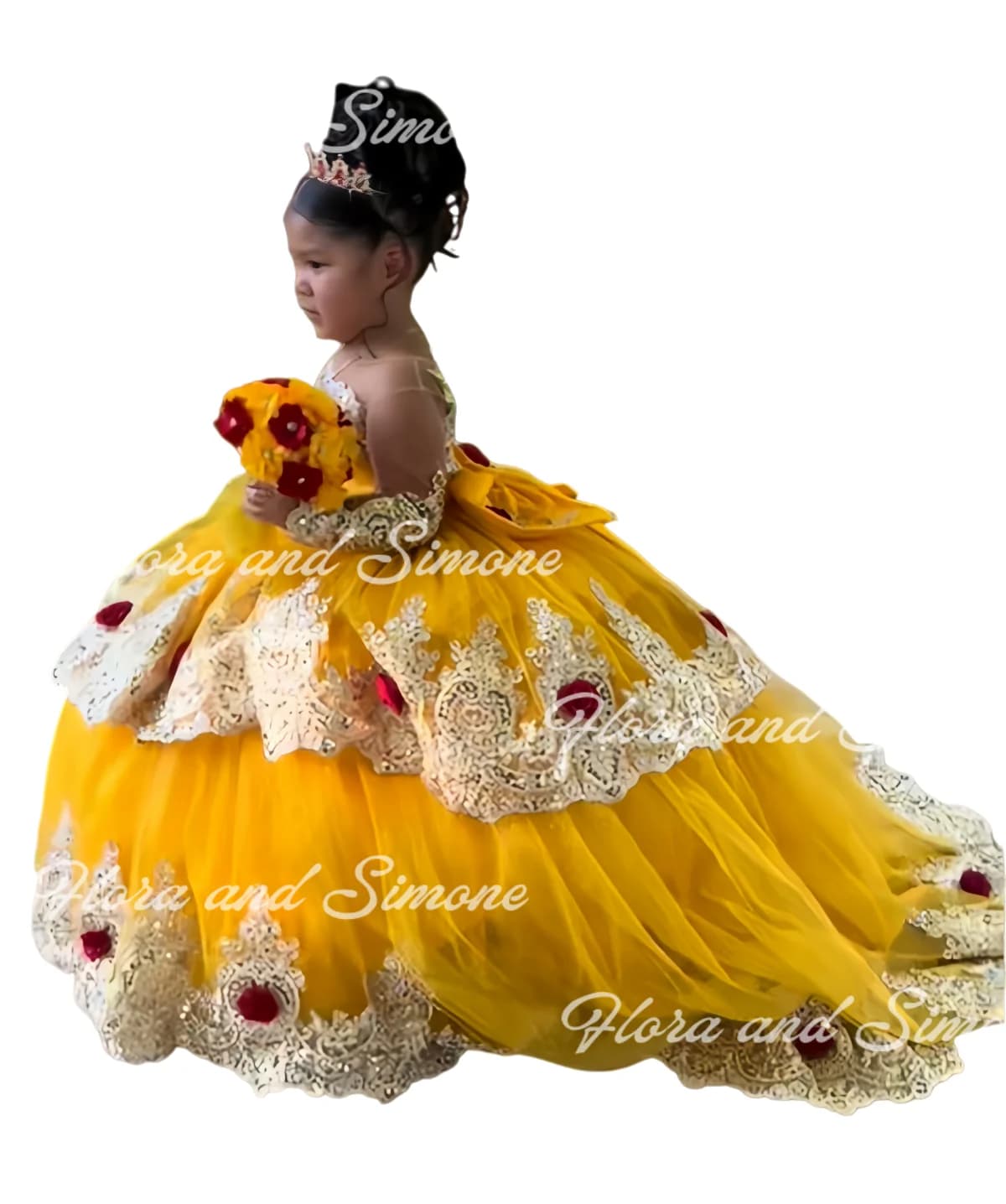 Abito da ragazza di fiore giallo per matrimonio Applique 3D in tulle gonfio con fiocco Abiti da ballo per prima comunione per feste di compleanno per bambini personalizzati