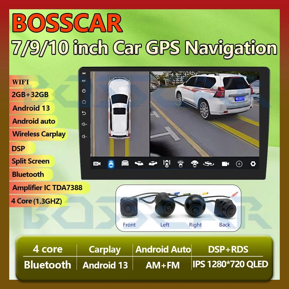 BOSSCAR Android Car Smart Screen 7 9 10 pollici Wireless Carplay e telecamere panoramiche anteriori sinistra destra posteriore a 360 gradi Combo