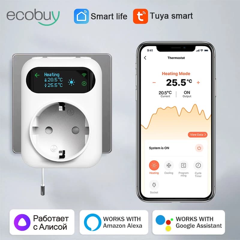 Presa WiFi Tuya Presa termostato Spina presa presa intelligente wireless Regolatore di temperatura Interruttore timer Raffreddamento Riscaldamento Alexa Google