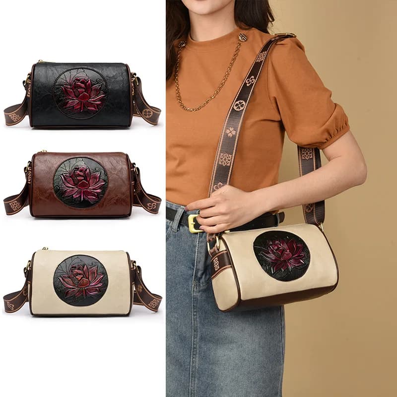 Women Vintage Embossed Red Rose 3d Floral Cylinder Crossbody Bag Ethnic Chic Mini Shoulder Phone Purse