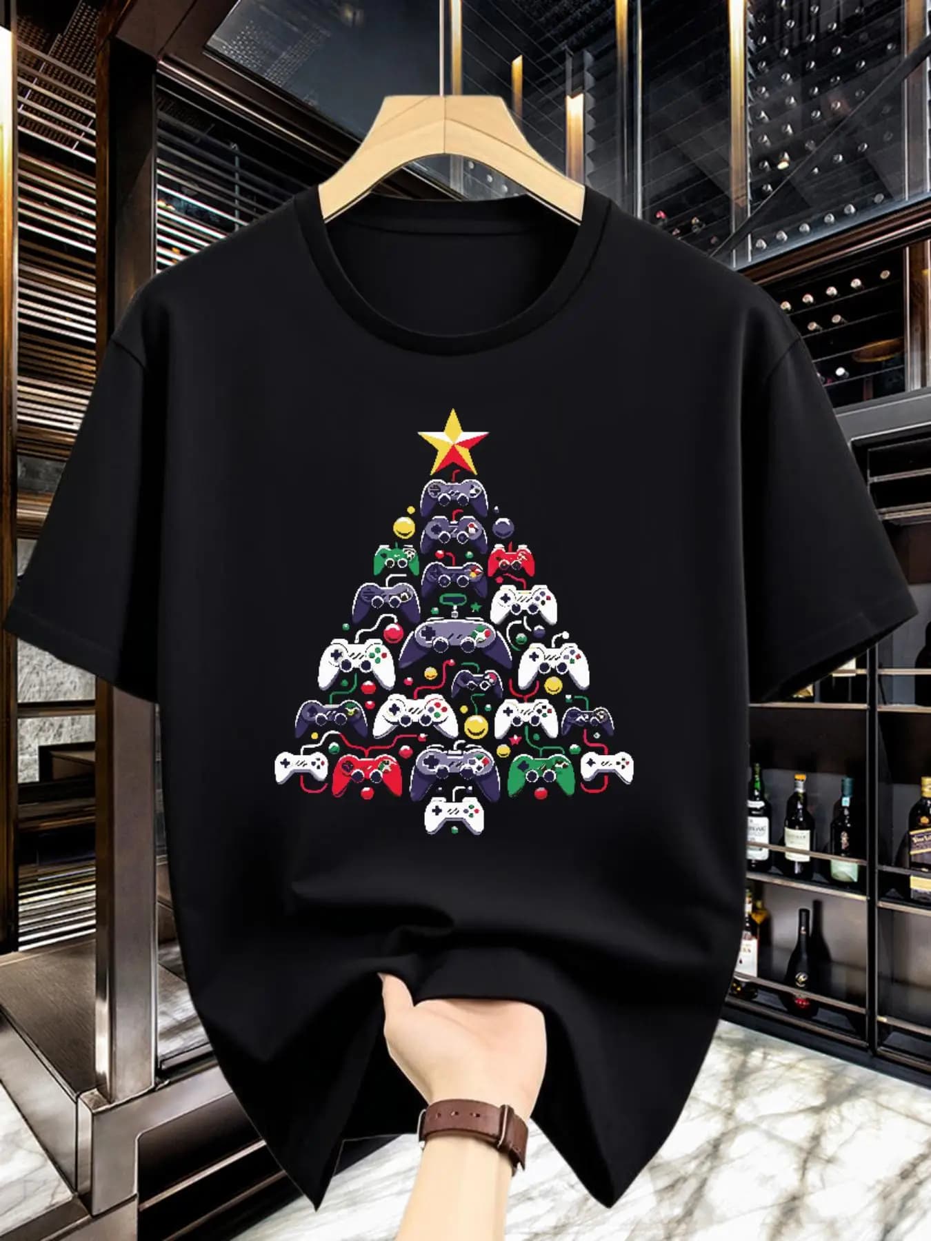 [Maglietta da gioco natalizia] Maglietta da gioco natalizia da uomo | T-shirt a maniche corte con scollo rotondo ad asciugatura rapida con stampa controller e albero