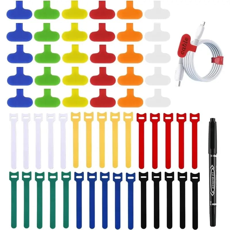 B52C Confezione da 60 etichette per cavi riutilizzabili e kit organizer per cavi, etichette per cavi da scrittura con codice colore con pennarello + 30 fascette per l'home office
