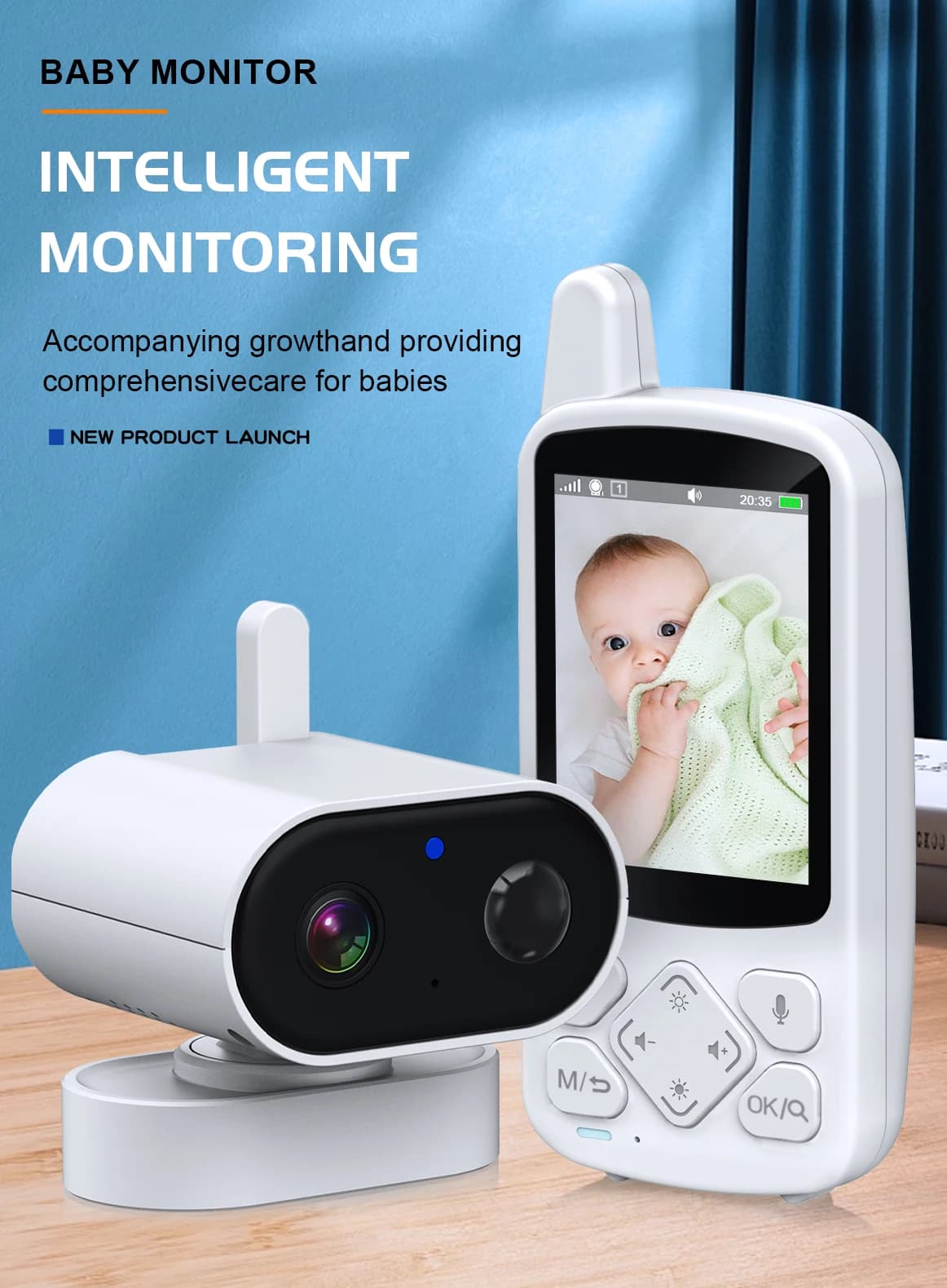 Monitor Digitale per Bambini con Schermo da 3,2 Pollici, PTZ a Lunga Distanza, Monitoraggio della Temperatura, Ninna Nanna, Videocamera per Bambini con Interfono