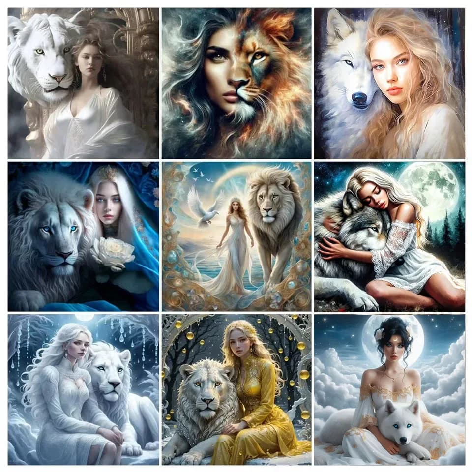 Kit per Pittura Diamantata Fai-da-Te, Nuova Collezione, Immagini di Donne e Animali, Lupo e Leone, Arte con Strass, Ricamo a Punto Croce, Mosaico