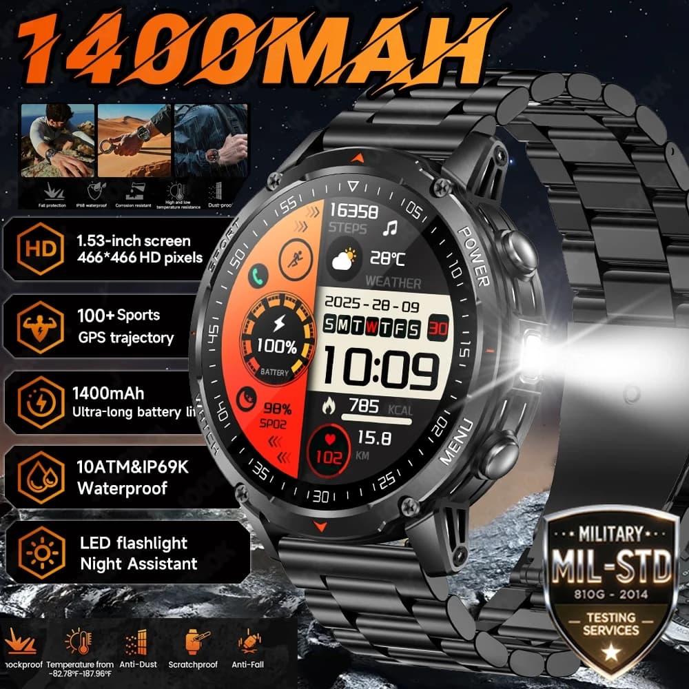 Nuovo Smartwatch T-Rex 3 da 1400mAh per Uomo, con Bussola, Impermeabile 3ATM, Cardiofrequenzimetro, Chiamate Bluetooth, GPS, per Attività Militari e Sportive all'Aperto
