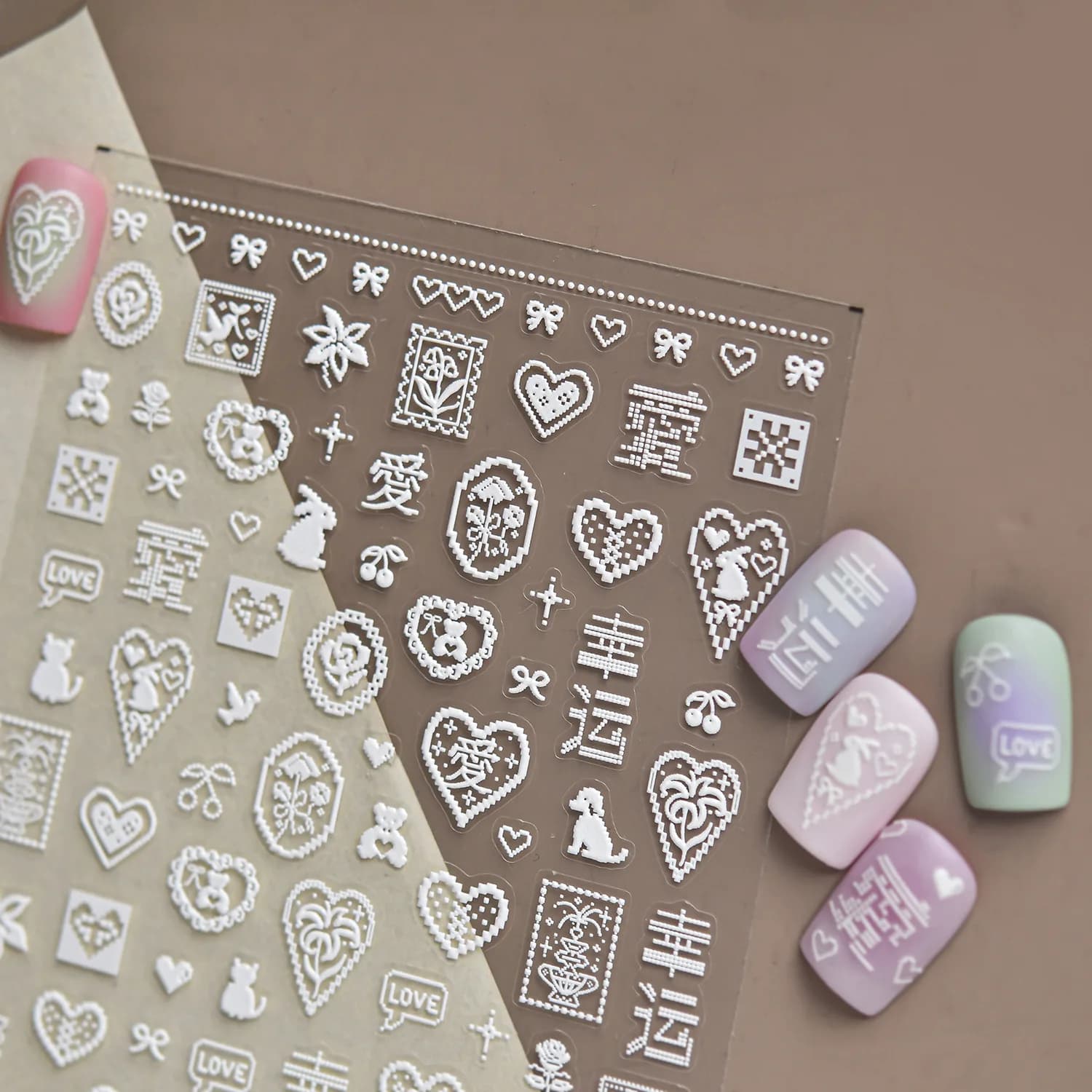 Pixel Bead Cartoon 5D Nail Art Stickers Heart Oval Square Photo Frame Rose Bird Vase Rabbit Cat Dog Cherry Bow Cross Nail Decal