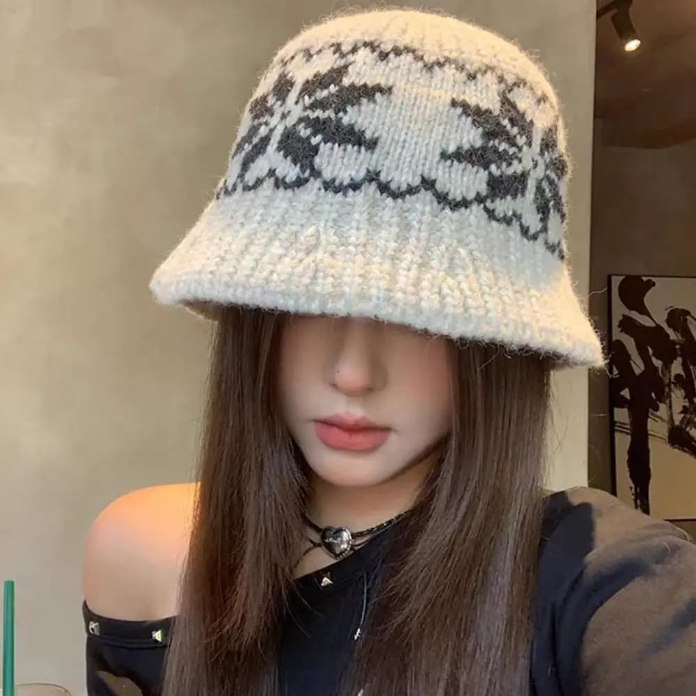 Warm Snowflake Jacquard Knitted Hat Fair Isle Style Printed Jacquard Pattern Beanies Retro Vintage Printing Knit Cap Girls