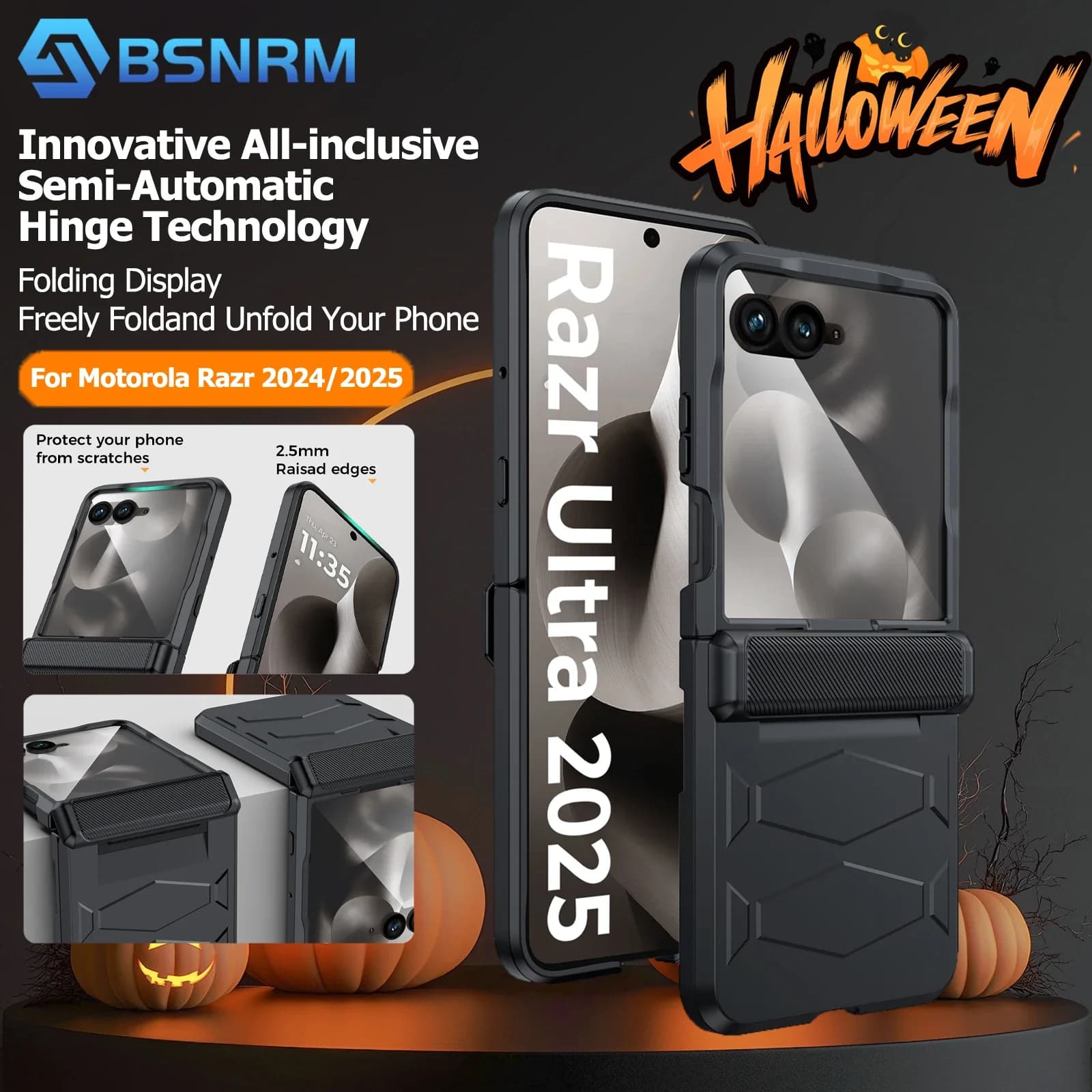 Regali di Halloween per custodia ultra antiurto Moto Razr 50/60, struttura antiscivolo, protezione cerniera robusta, custodia di ricarica wireless-nero