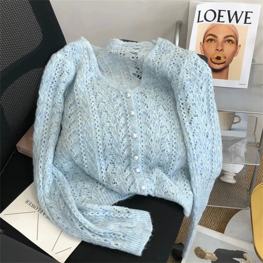 Sweet Hollow Out Knit Cardigan Women V Neck Long Sleeve Single Breasted Sweater Elegant Casual Korean Fashion Cropped Top