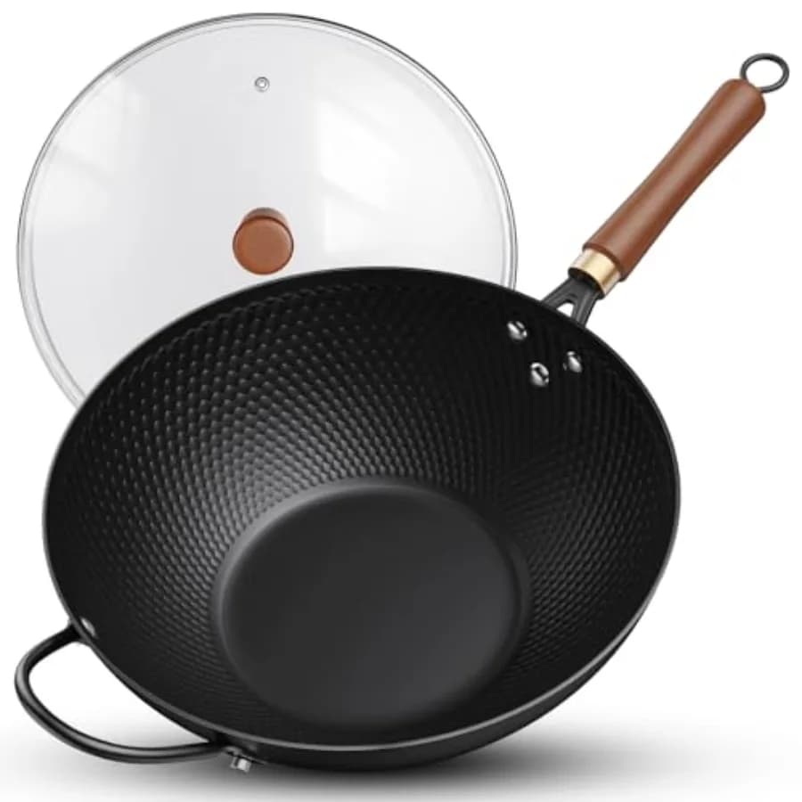 Wok Antiaderente, Padella Wok in Acciaio al Carbonio da 13 Pollici con Coperchio in Vetro, Wok e Padelle per Stir-Fry per Induzione, Elettriche, a Gas, Alogene, Tutti i Tipi di Fornelli