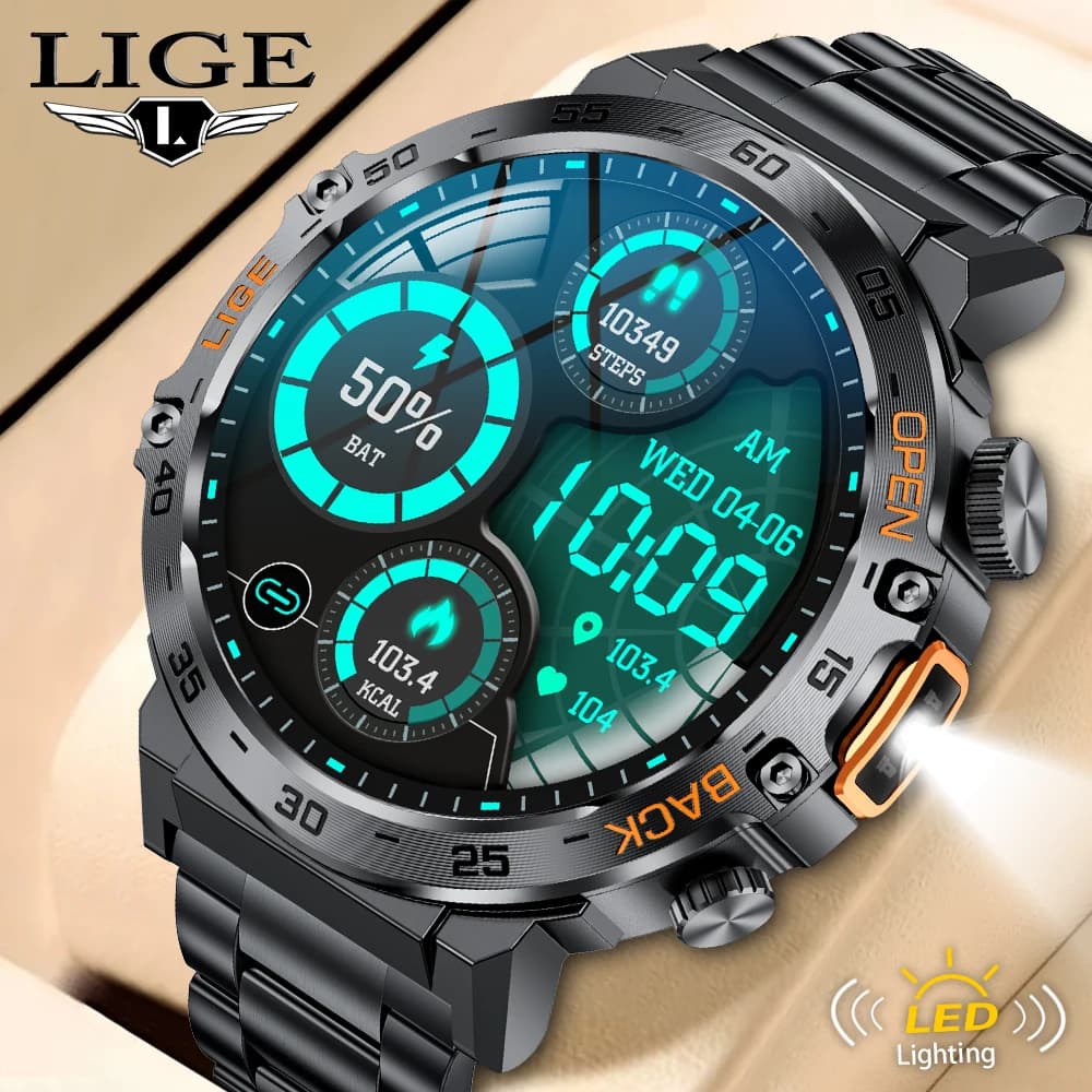 LIGE 2024 Men's Watch Smart 360*360 AMOLED HD Screen Waterproof Sport Fitness Watches Flashlight New Men Smartwatch For Andrio IOS