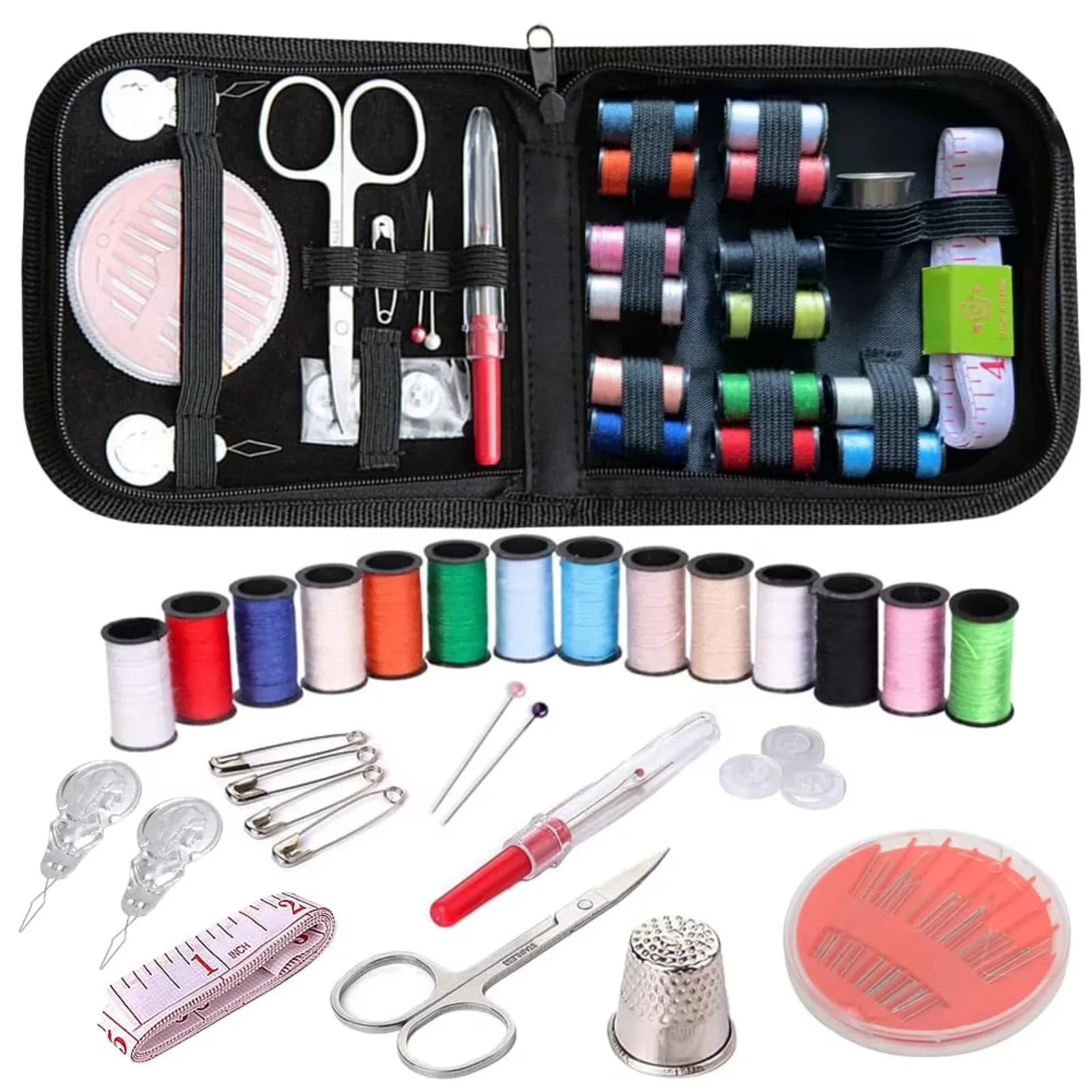 Kit da Cucito da Viaggio, Set Portatile da 59 Pezzi, Include Forbici, Filo, Metro a Nastro - Accessori e Forniture per Cucito