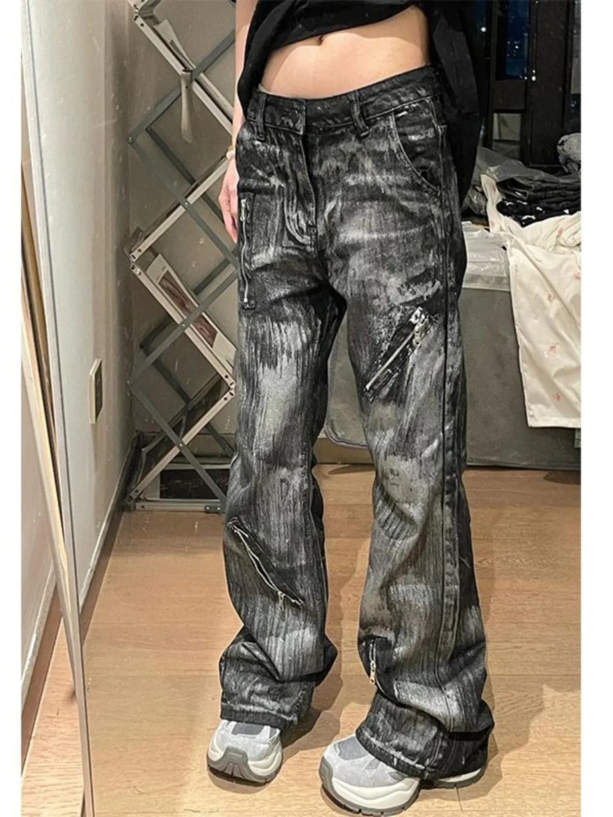 Trendy Men's Zipper Dyed Wax Jeans Summer Street Sle American High Street Dir Look Straight Leg Jeans Youth Sle