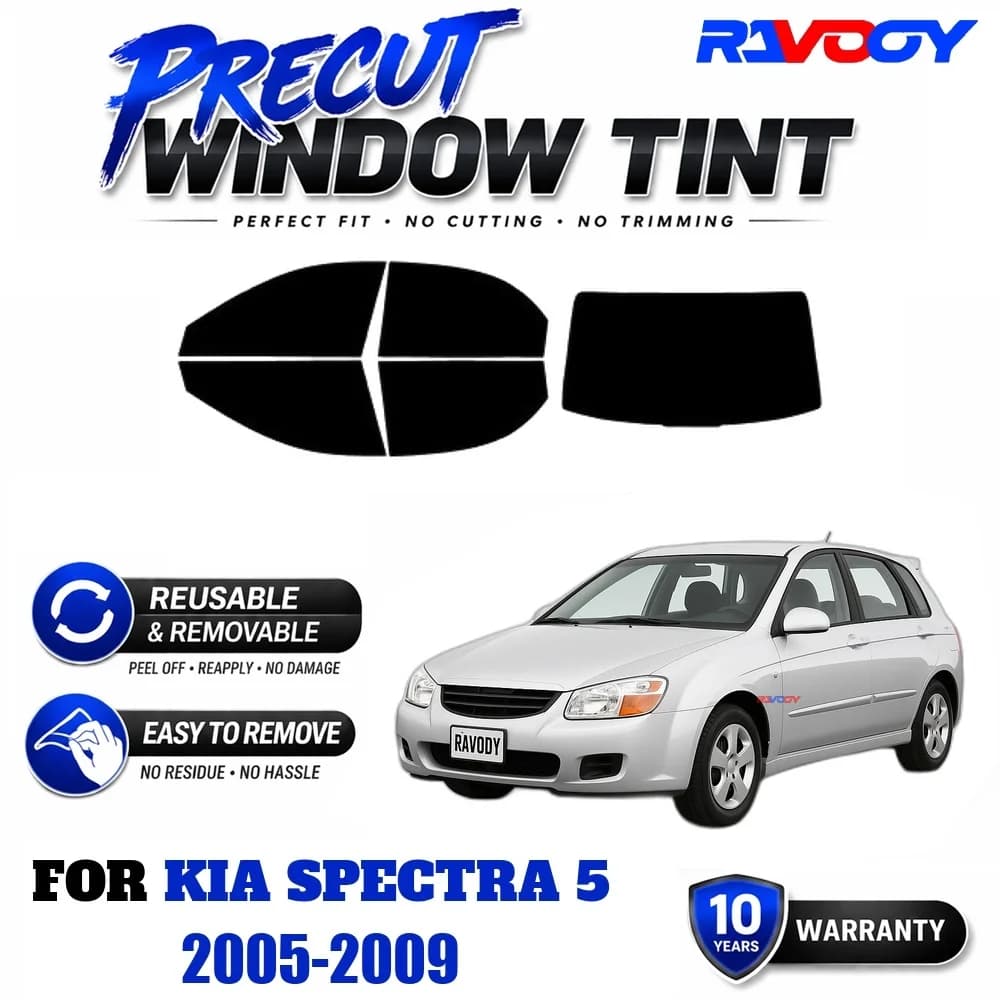 RAVOOY Precut Window Tint, Reusable Removable EPU Film, Custom Fit for Kia Spectra 5 2005-2009, UV Heat Protection