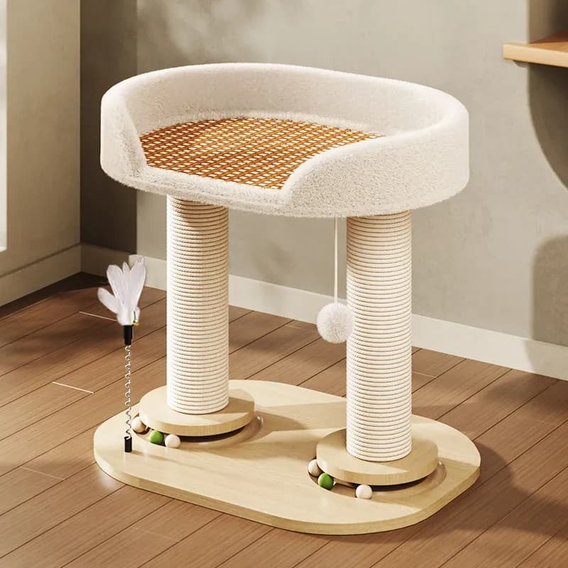 Compact Solid Wood Cat Tree & Bed with Sisal Scratcher, Turntable Toy, All-Season Climbing Post for Small Homes, Space-Saving.