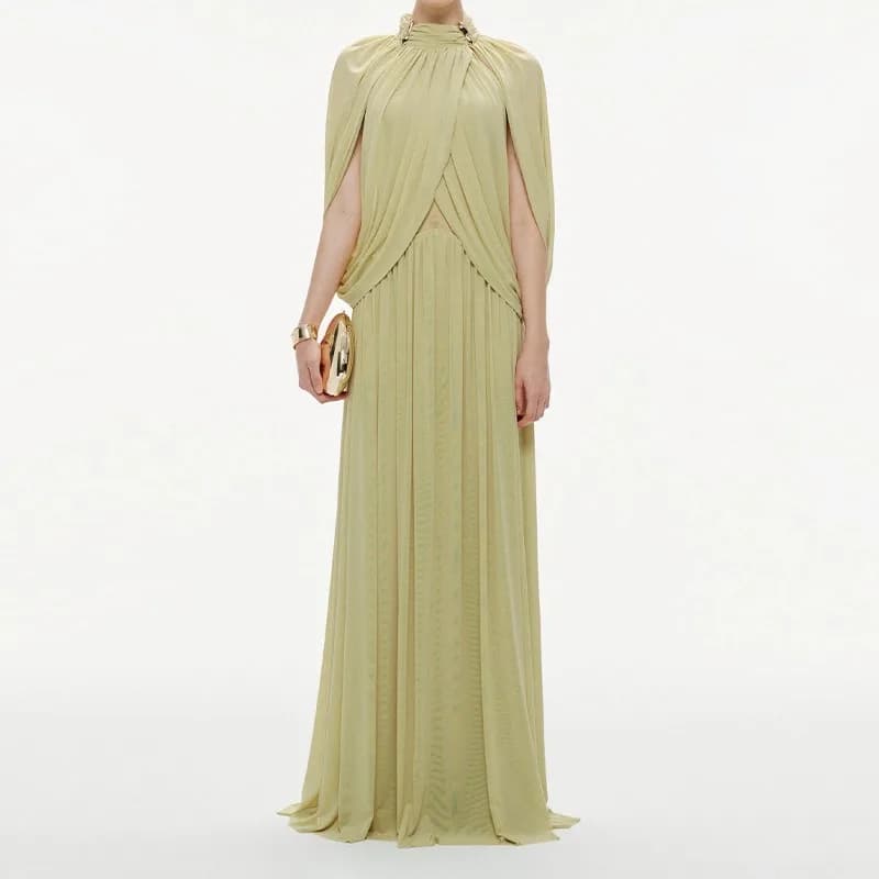 Elegante Abito Lungo in Chiffon Plissettato per Donna, Vestito Elegante con Maniche a Sbuffo e Collo Alto, Nuovi Abiti da Sera 2026