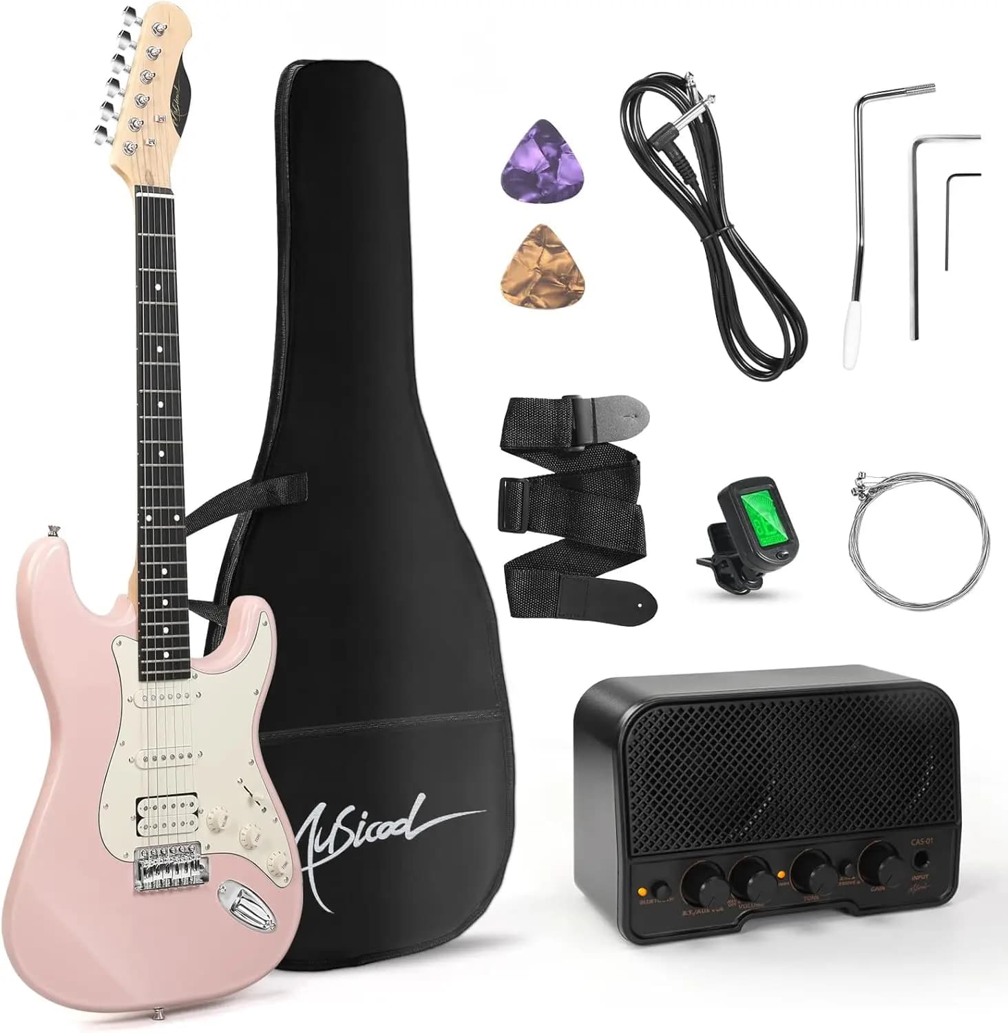 Kit per Chitarra Elettrica da 39 Pollici con Amplificatore, Borsa, Accordatore, Tracolla, Cavo, Plettri, Rosa
