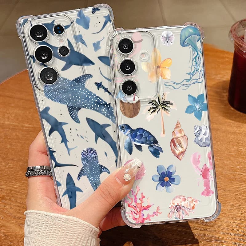 Transparent Soft Shoe Cover with Balena Motive and Turtle for Samsung Galaxy S26 S25 S24 S23 Ultra S22 S26 Plus S21 S24 FE