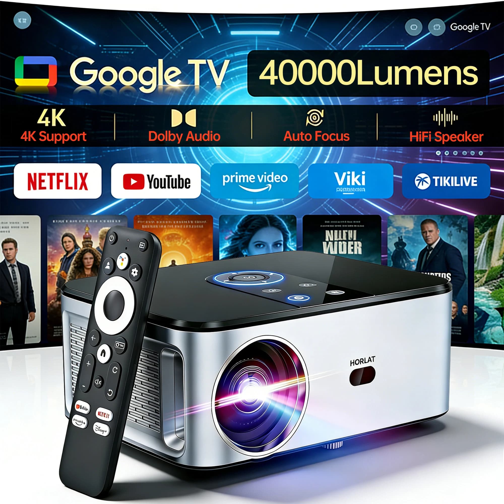 HORLAT Proiettore LED 4K da 2000 Ansi Lumen con Google TV, Android 14, Full HD 1080P, Auto Focus, Keystone, WiFi 5G, Proiettore Portatile