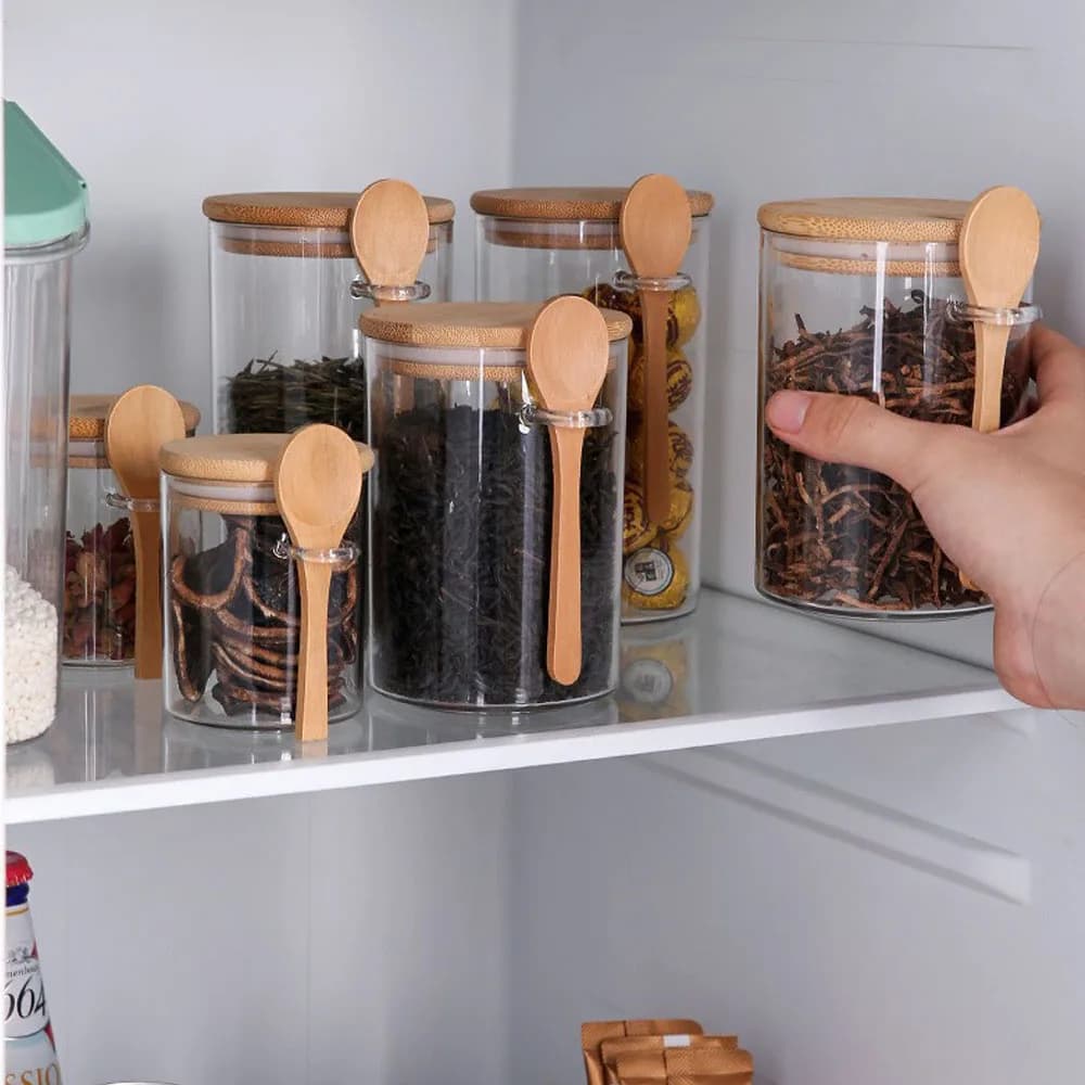 Airtight Food Storage Plastic Containers Canister With Wooden Spoon and Lids Jars for Serving Bath Salt Sugar Spice Coffee Tea