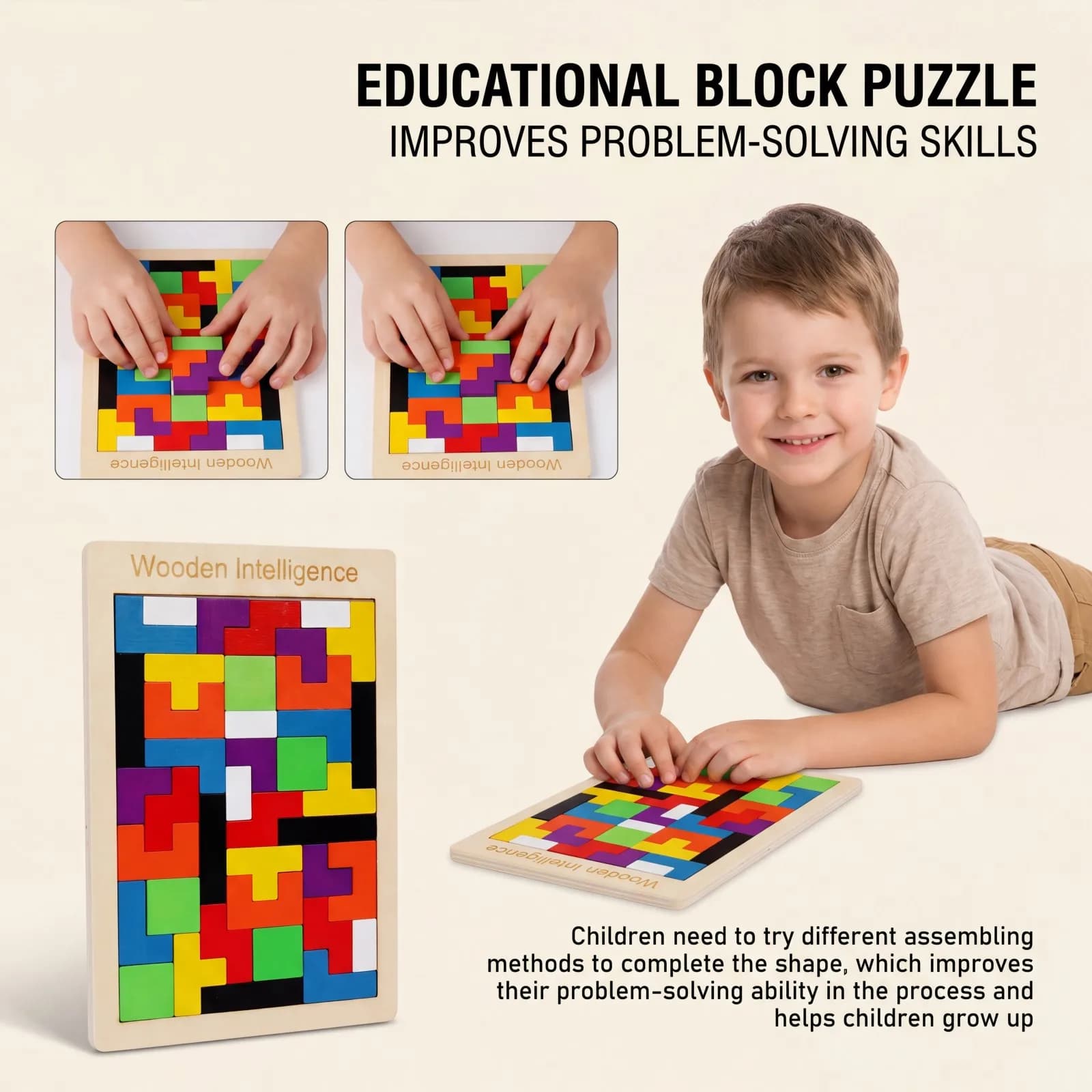 Montessori Wooden Block Puzzle Educational Brain Teaser STEM Building Toy Creative Kids Parent Child