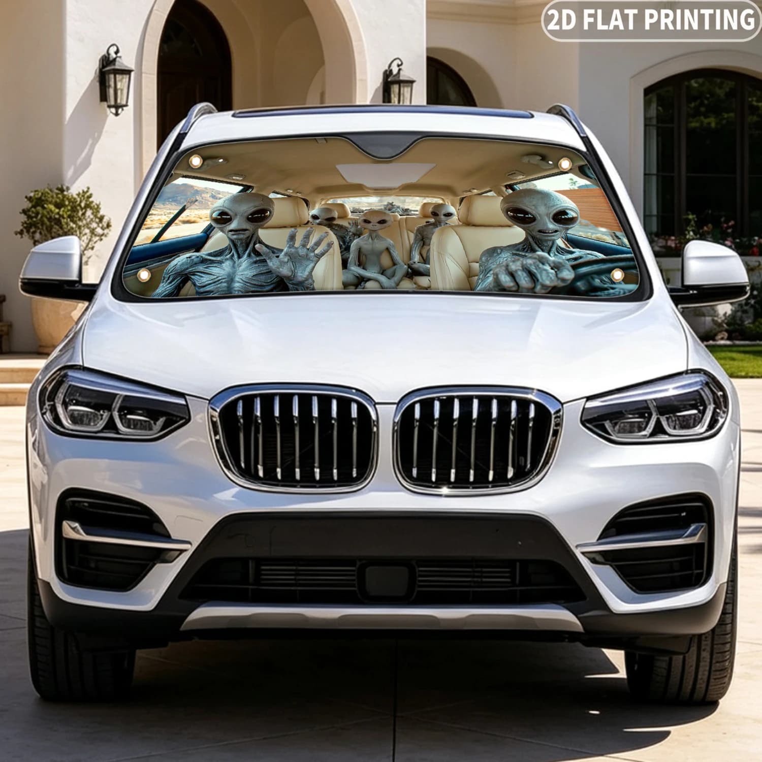 1pc Universal Car Windshield Sunshade, With Aliens Sitting In Car Interior 2D FLAT Printing Design, Sunshade With 4 Suction Cups